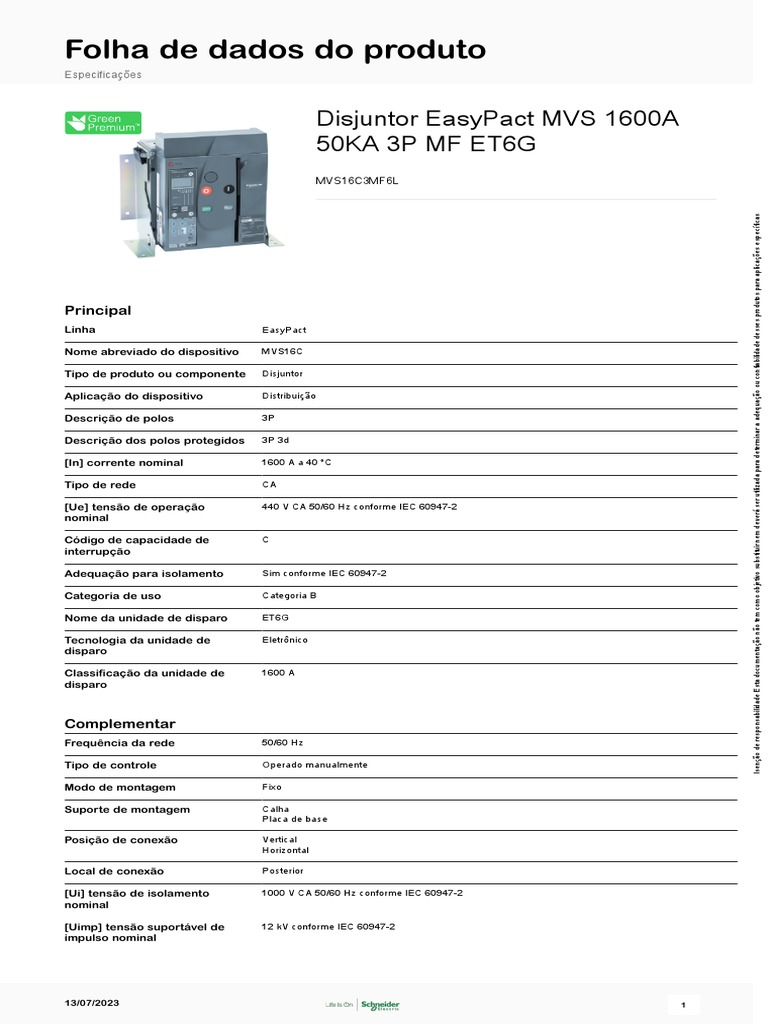 Disjuntor EasyPact MVS 1600A 50kA | PDF | Engenharia Elétrica ...