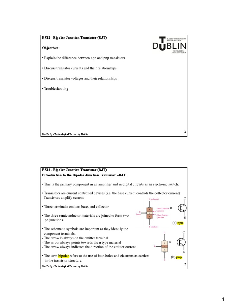 Lecture Note 9 BJT Transistors PDF Bipolar Junction Transistor