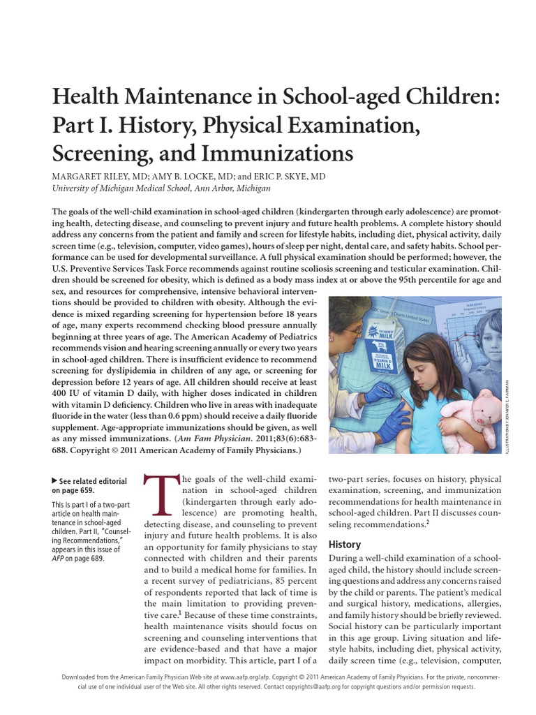 Health Maintenance in SchoolAged Children Part I. History, Physical