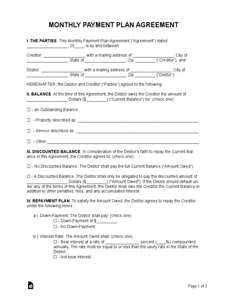 Monthly Payment Plan Agreement Pdf Debtor Interest