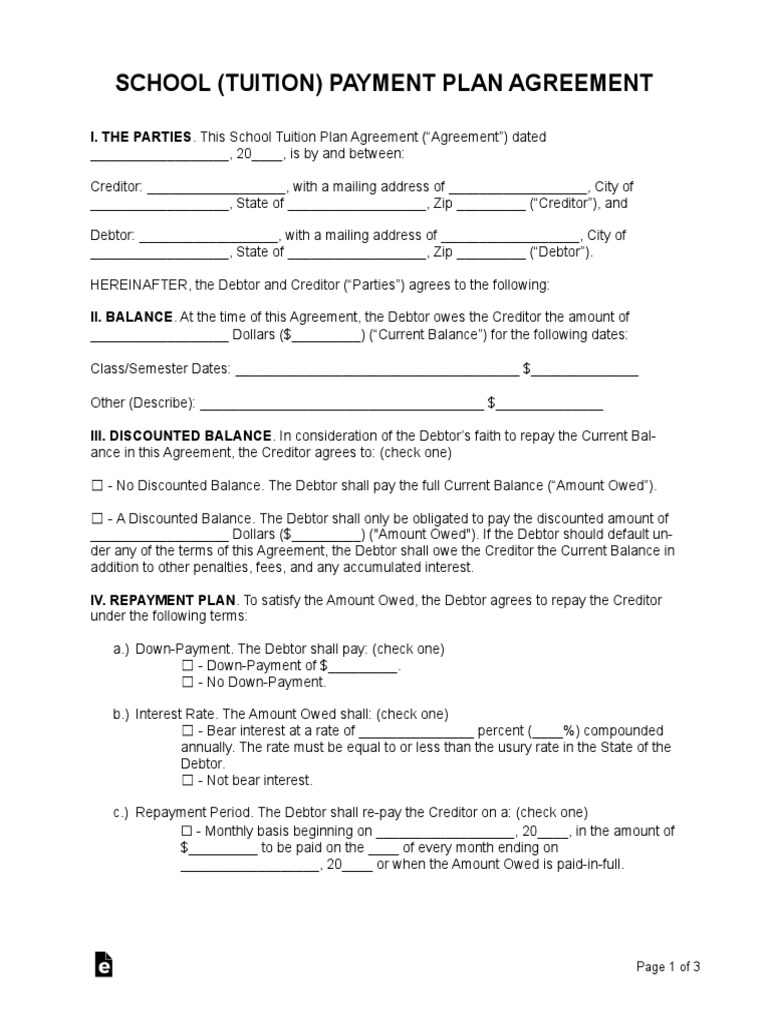 School Tuition Payment Plan Agreement Pdf Debtor Interest