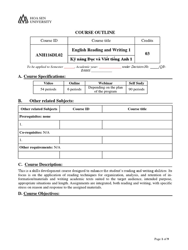 Course Outline - English Reading Writing 1 - Anh116dl02 | PDF ...
