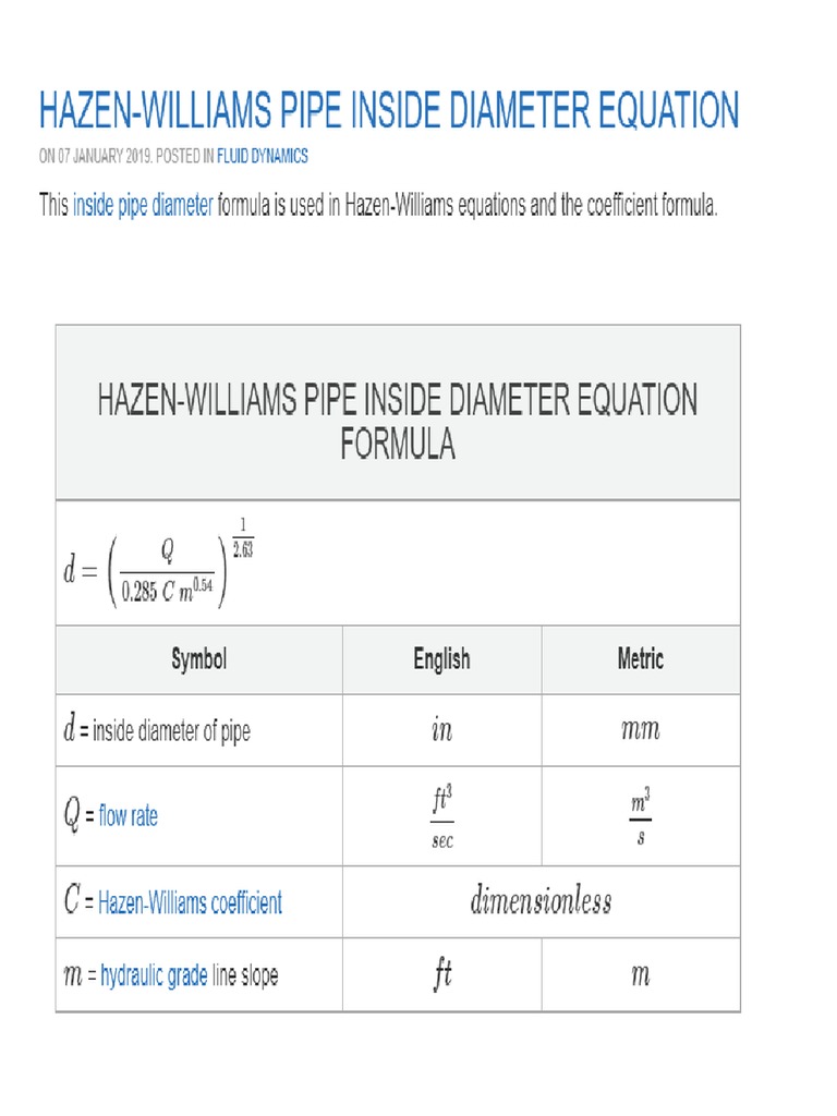 Hazen Williams Equation For Pipe Size PDF
