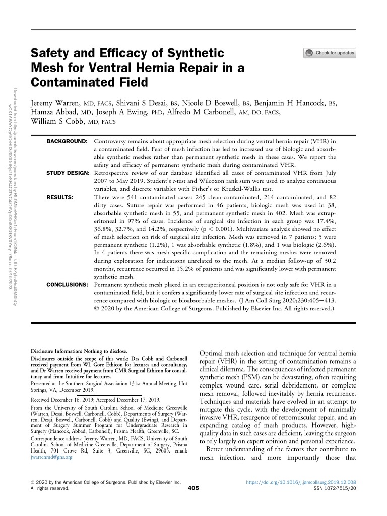 Safety and Efficacy of Synthetic Mesh For Ventral.10 PDF Diseases