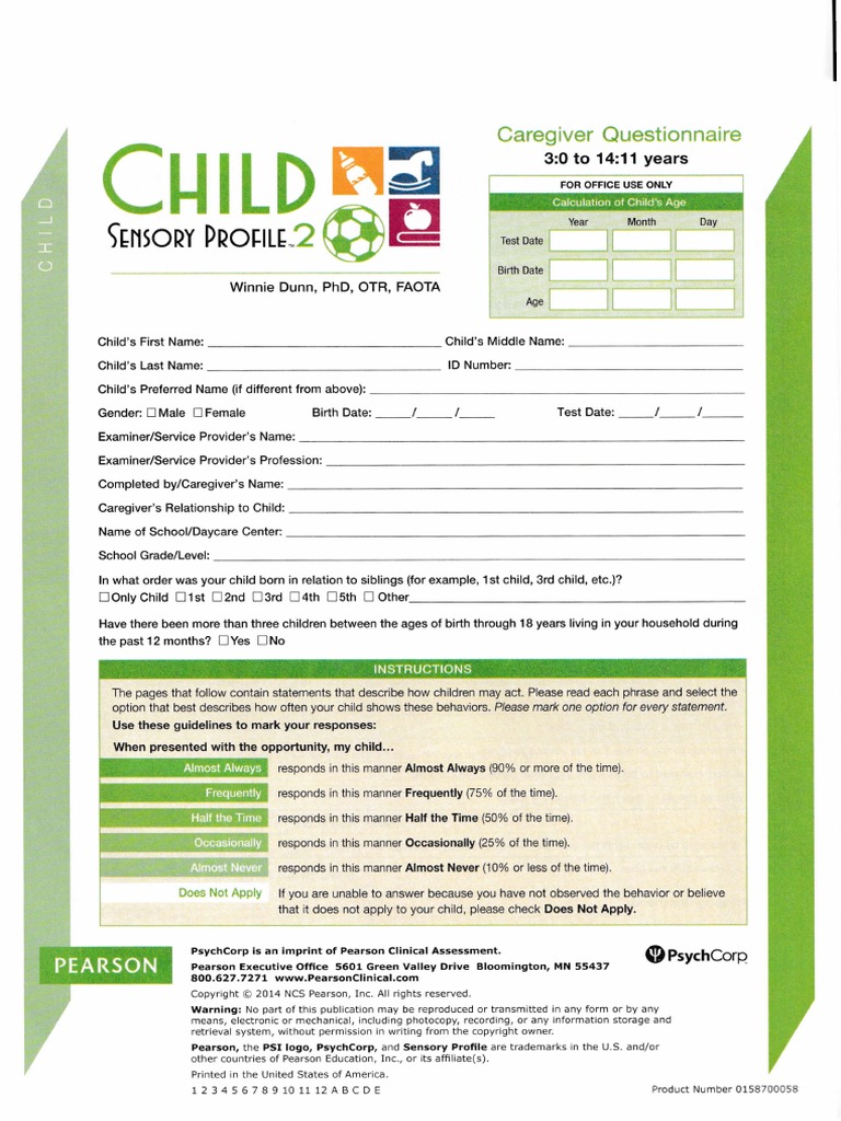 SENSORY PROFILE CAREGIVER QUESTIONNAIRE SCORING INTERPRETATION visual data 7
