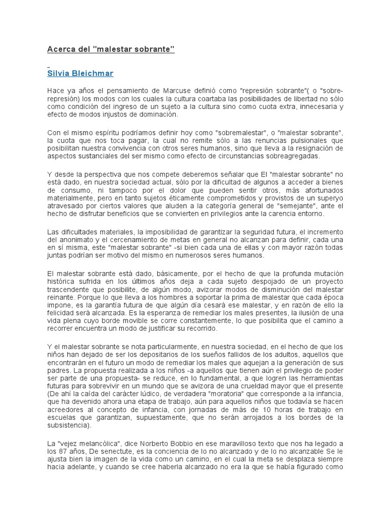 Malestar sobrante en la subjetividad actual | PDF | Psicoanálisis | Vejez