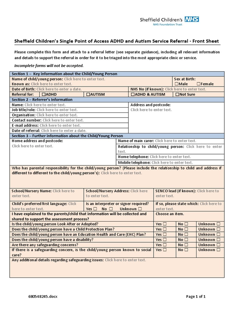 ADHD and Autism Referral Form | PDF | Health Care | Childhood