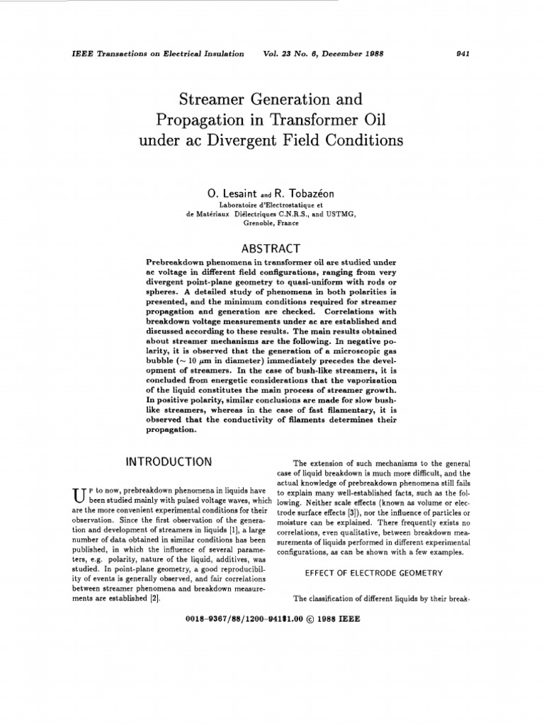 Streamer Dynamics in Transformer Oil | PDF | Electric Current ...