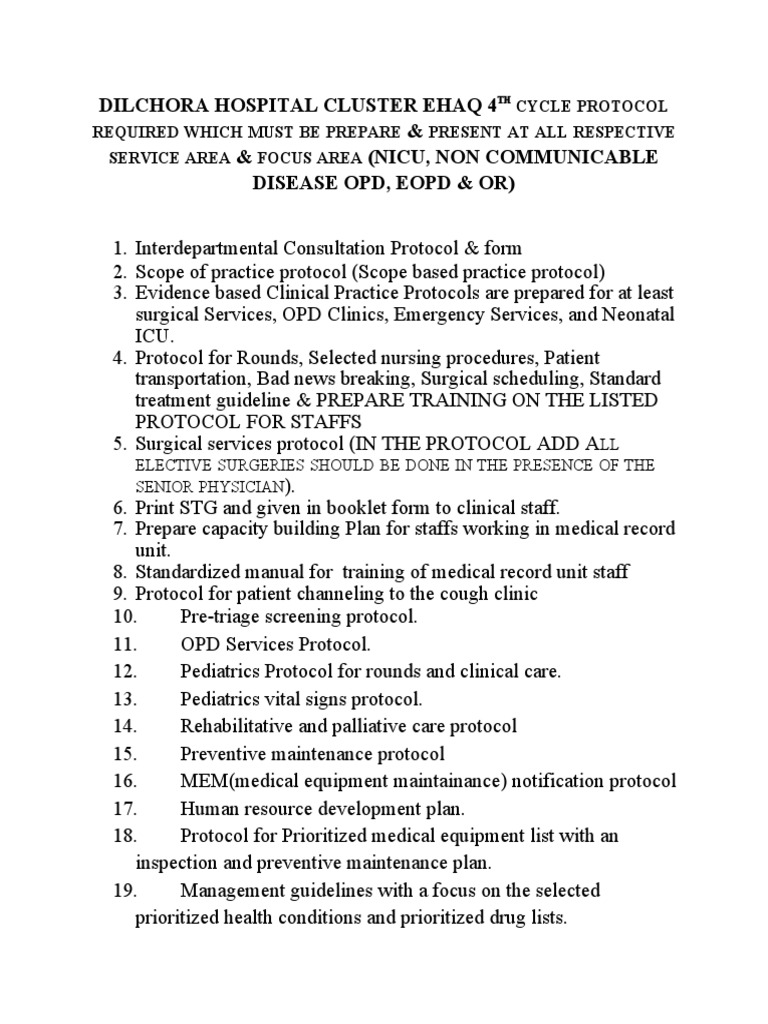 Dilchora Hospital EHAQ 4th Cycle Protocol | PDF | Surgery | Intensive ...