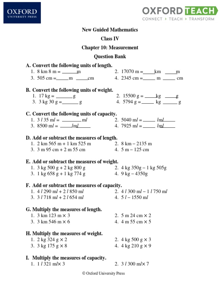 Measurement Question Bank for Class IV | PDF