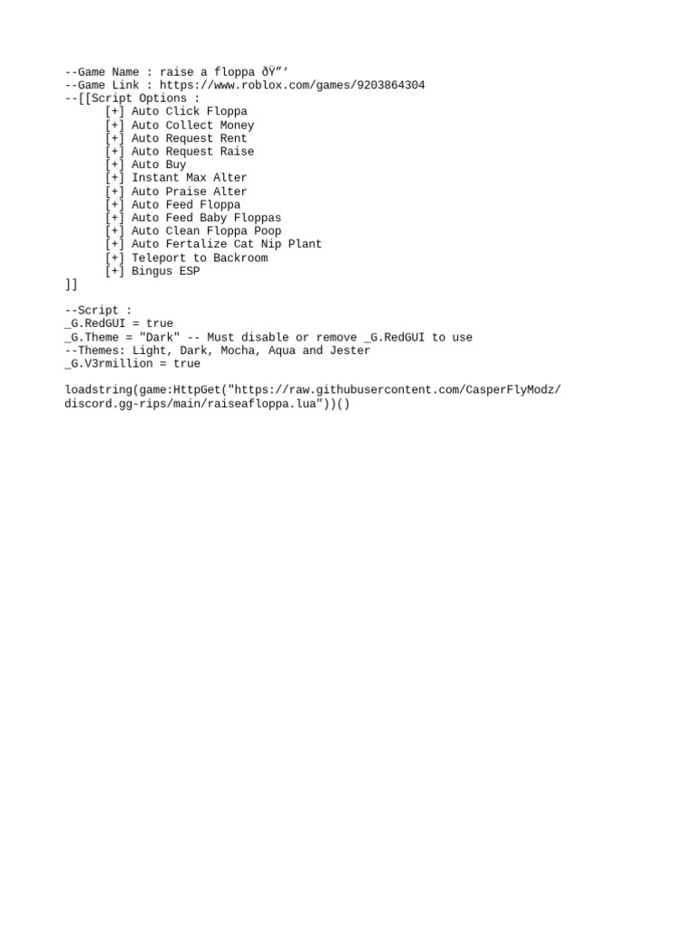 Raise a floppa Roblox Script – Auto Farm, Teleport, ESP