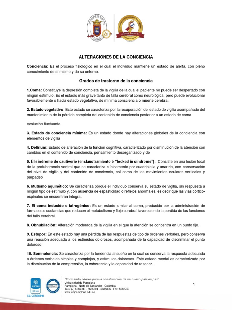 Alteraciones del Estado de Conciencia | PDF | Conciencia | Coma