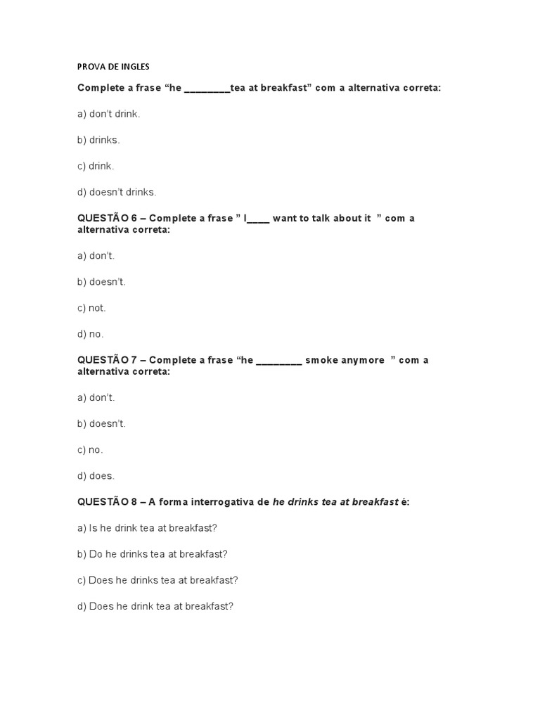 PROVA DE INGLES 1 Ano Do Ensino Medio | Download Free PDF | Syntax ...