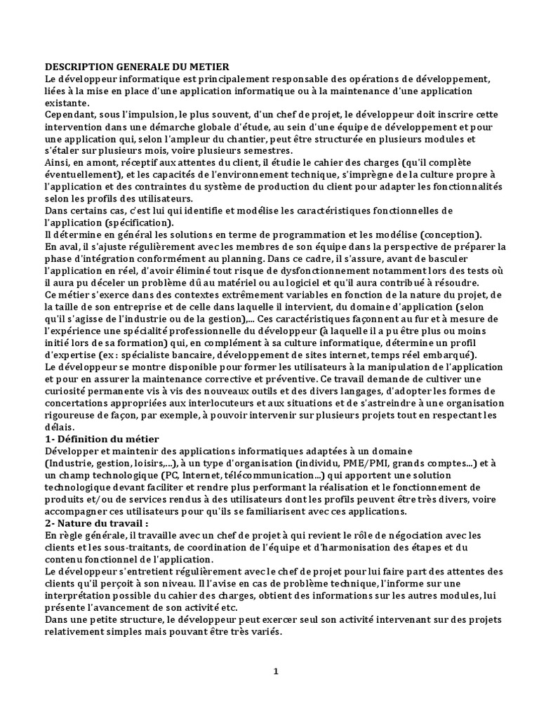 Métier de Développeur Informatique | PDF | Application | Informatique