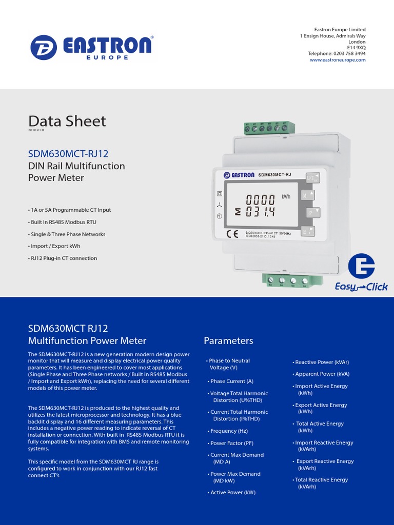 Easy Click SDM630MCT RJ12 Datasheet | PDF | Ac Power | Electric Power