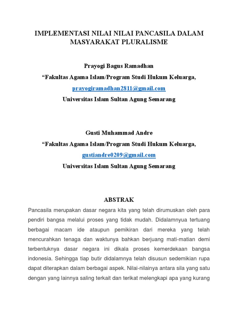 Implementasi Nilai Nilai Pancasila Di Dalam Masyarakat Pluralisme Pdf