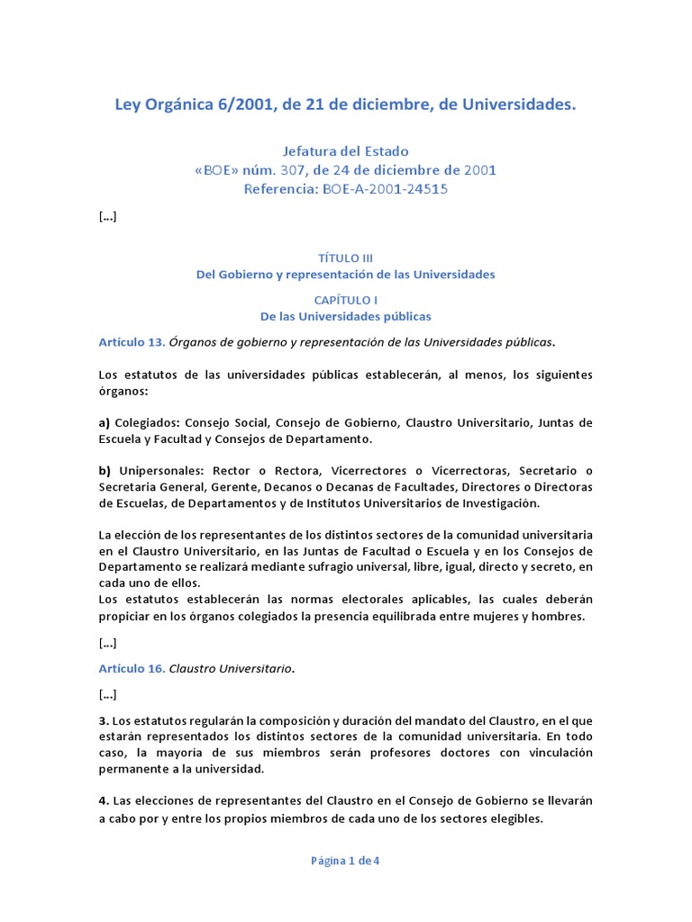 Ley Orgánica 62001, de 21 de Diciembre, de Universidades (Extracto) PDF Votación Gobierno