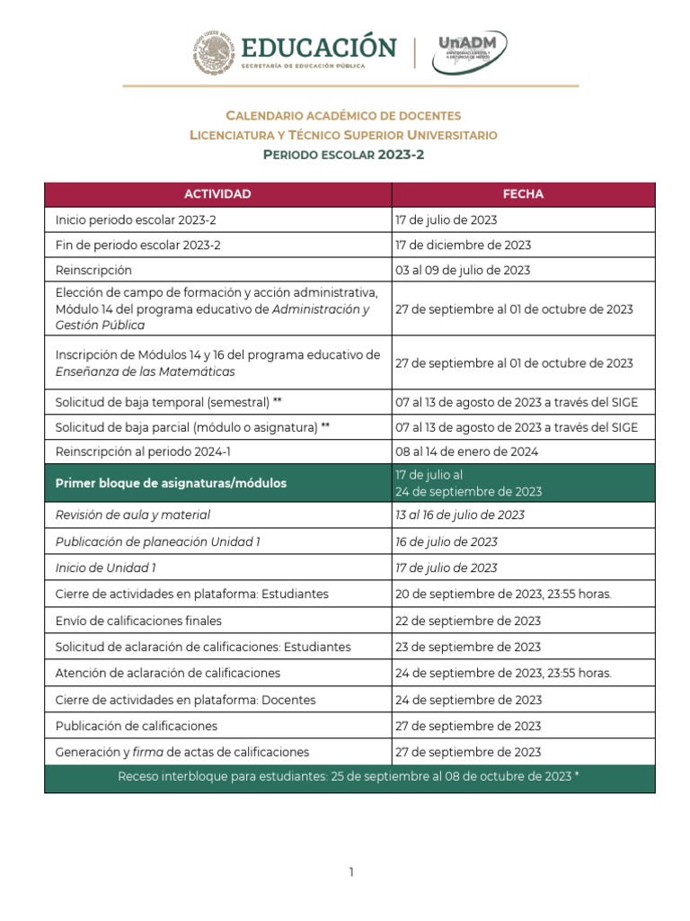 UnADM Calendario Vigente | PDF