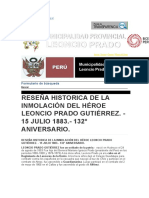 Reseña Historica de La Inmolación Del Héroe Leoncio Prado Gutiérrez. - 15 JULIO 1883.-132° Aniversario