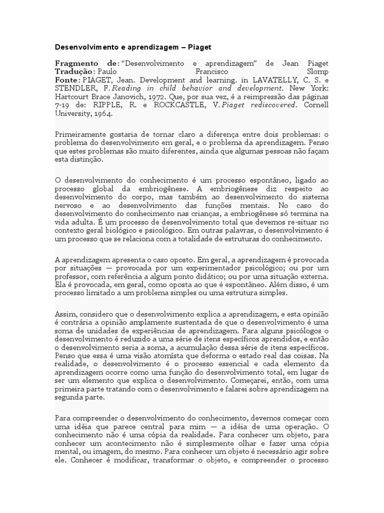Desenvolvimento e Aprendizagem PIAGET | PDF | Aprendizado | Conhecimento