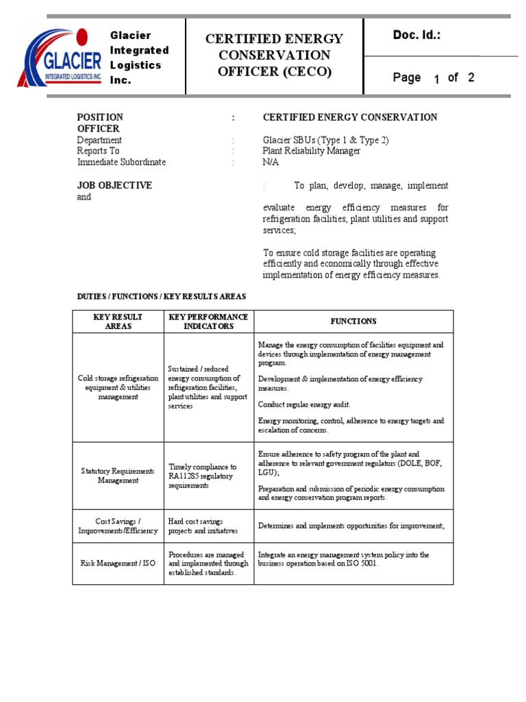Job Description For Certified Energy Conservation Officer Ceco Pdf