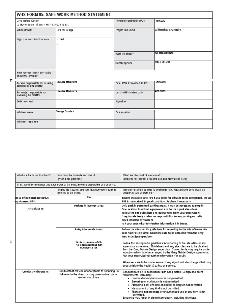Housing Industry Site Safety Pack Form 5 Safe Work Method Statement ...