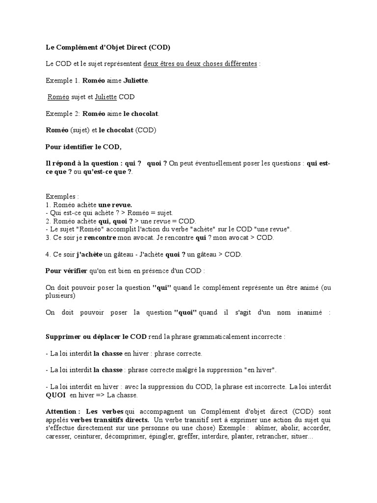 Comprendre COD et COI en français | PDF | Complément d'objet ...
