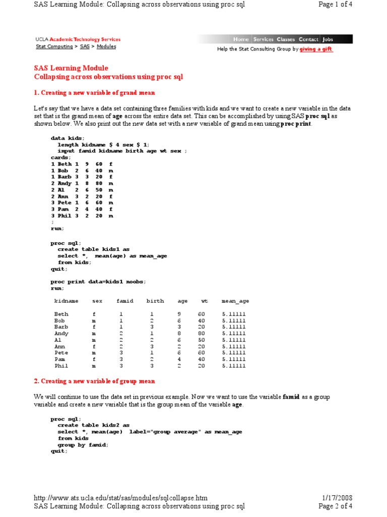 SAS Learning Module Collapsing Across Observations Using Proc SQL | PDF ...