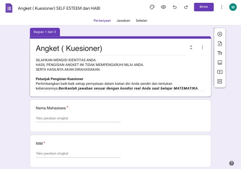 Angket kuesioner self esteem dan habits of mind google formulir pdf