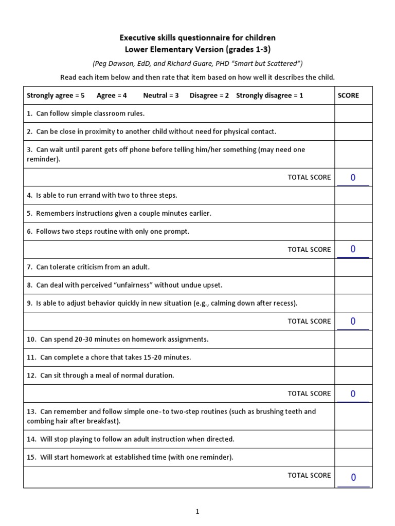 Executive Skills Questionnaire for Kids | PDF | Cognitive Psychology ...