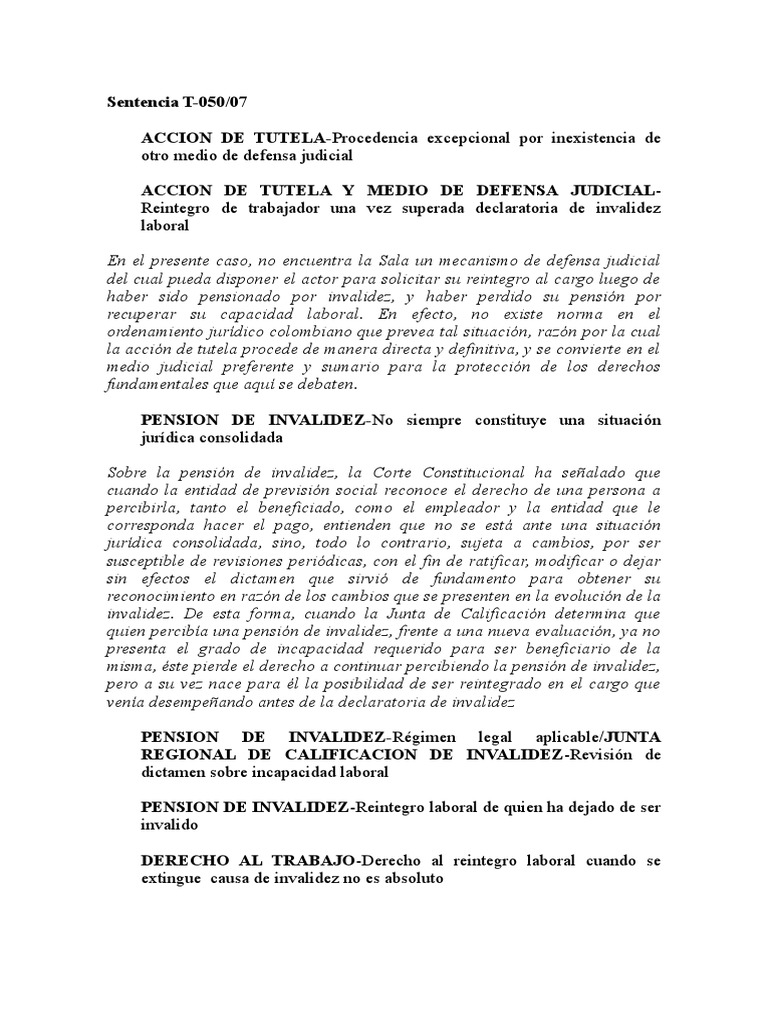 Sentencia T 050 de 2007T-050-07 | PDF | Pensión | Derecho laboral