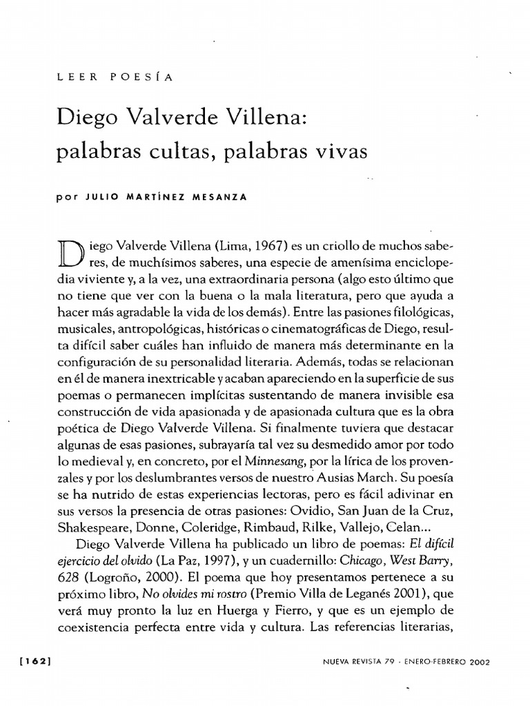 Diego Valverde Villena Palabras Cultas, Palabras Vivas PDF Poesía