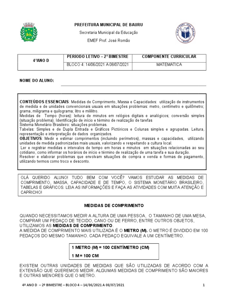 ATIVIDADE DE MATEMÁTICA - 4 ANO - MEDINDO O TEMPO - Educação Especial