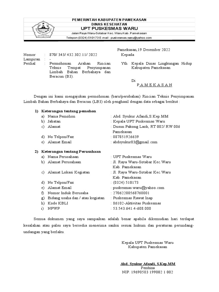 Permohonan Rincian Teknis Limbah B3 | PDF