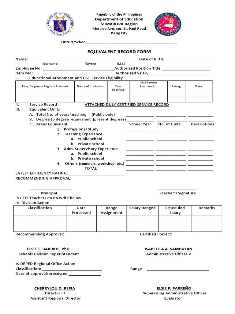 Equivalent Record Form for Teachers | PDF | Business | Finance & Money ...