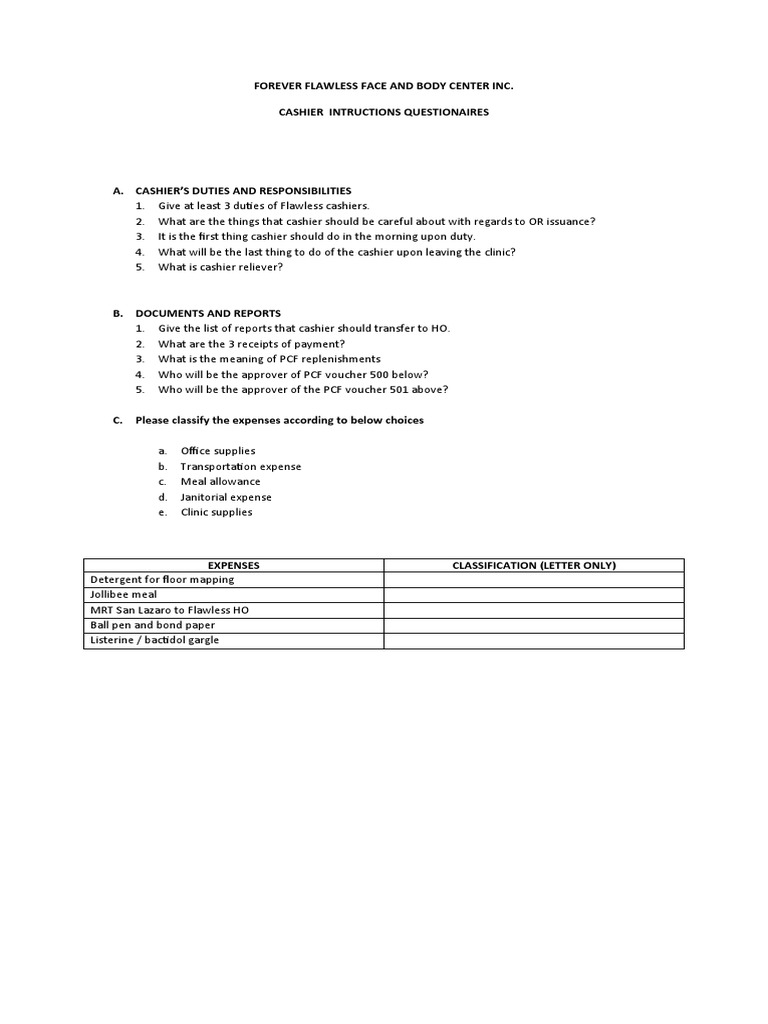 Cashier Exam Instructions and Questions | PDF | Career & Growth ...
