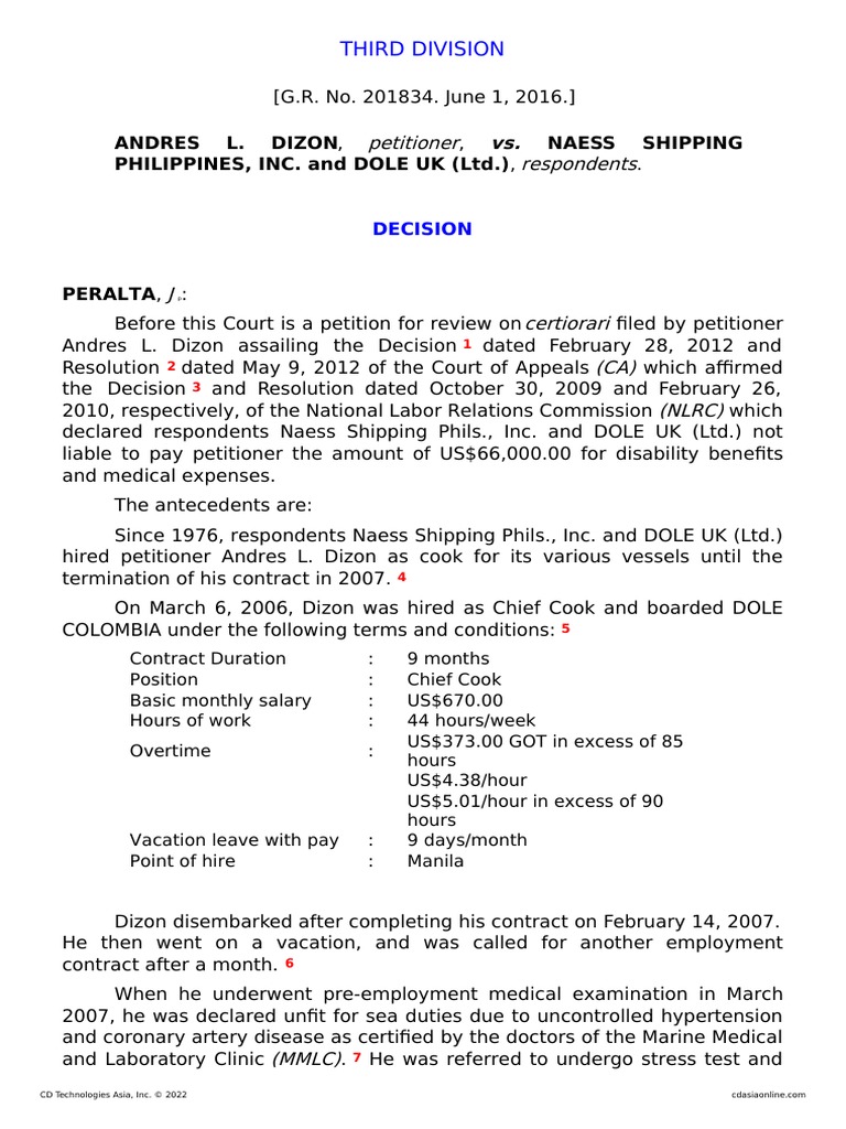 1. G.R. No. 201834 Dizon v. Naess Shipping Philippines, Inc_ PDF Clinical Medicine
