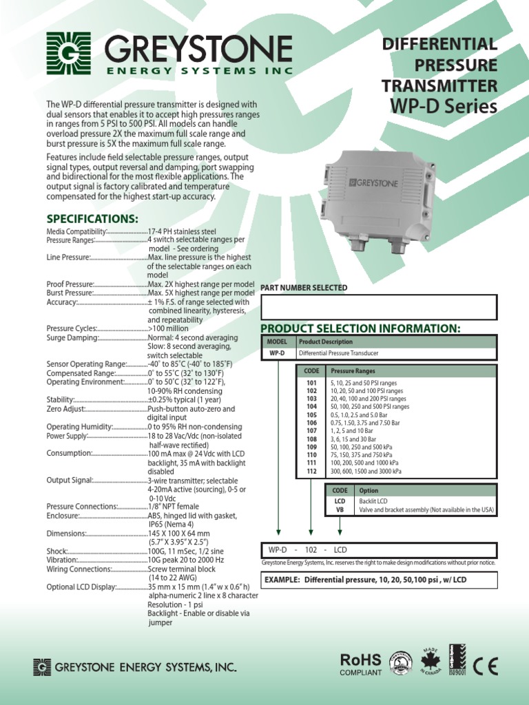 Greystone Water Differential Sensor WPD104 PDF Pressure