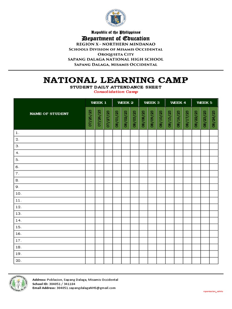 NLC Students Attendance Sheet PDF Philippines