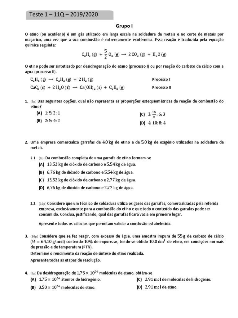 Teste1 11Q Fev.2020 | PDF | Equilíbrio químico | Ácido nítrico