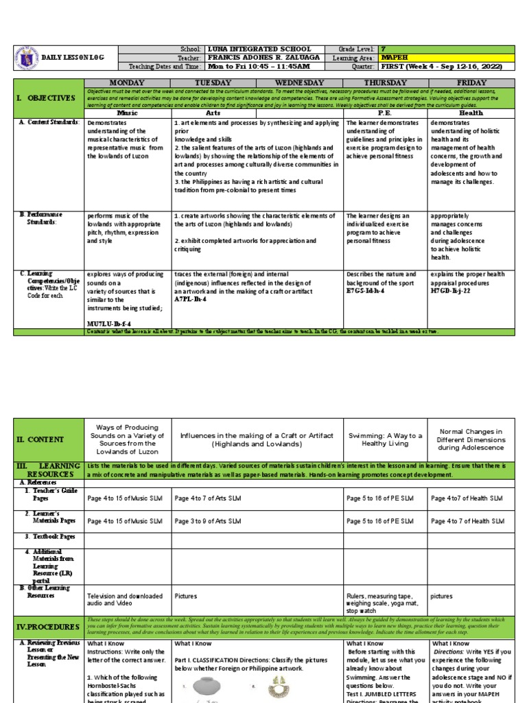 Grade 7 MAPEH Daily Lesson Plan | PDF | Swimming