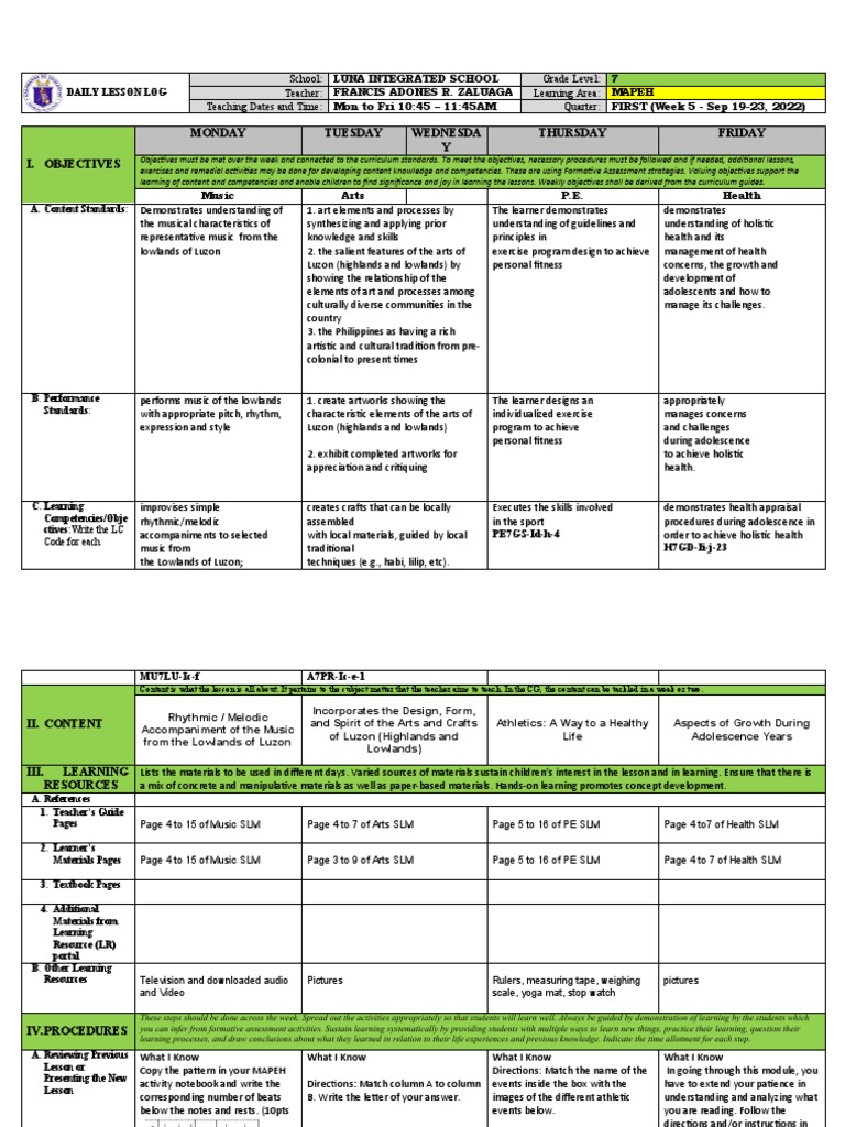 Grade 7 MAPEH Daily Lesson Plan | PDF | Learning | Rhythm