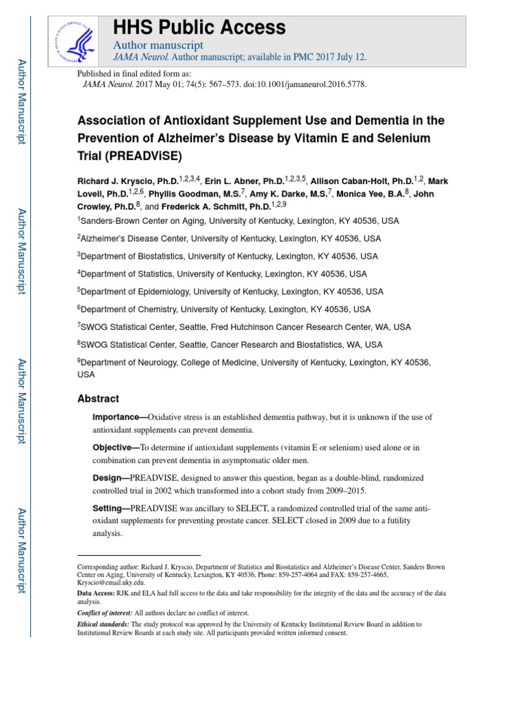 Association of Antioxidant Supplement Use and Dementia in The PDF