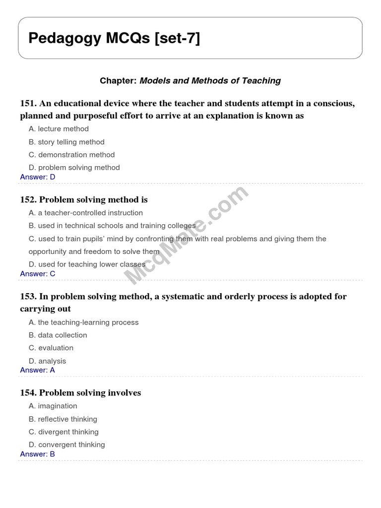 Pedagogy Solved MCQs [set-7] McqMate.com | PDF | Teachers | Learning