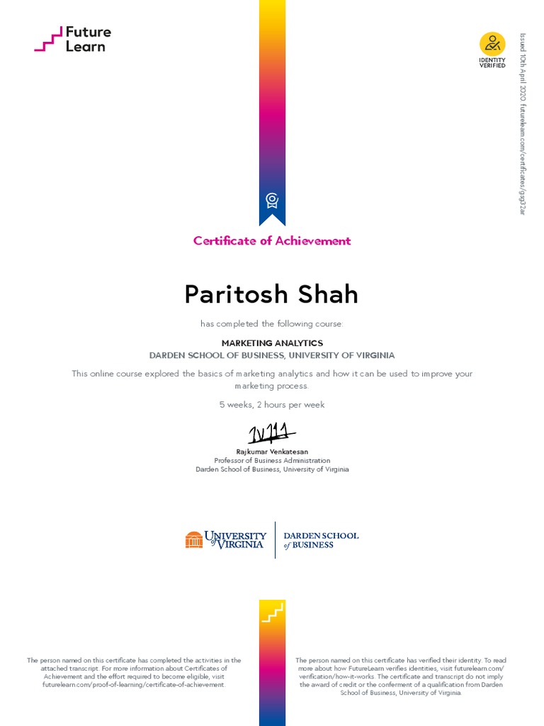 Uva Darden Marketing Analytics Certificate of Achievement Gsg32ar PDF