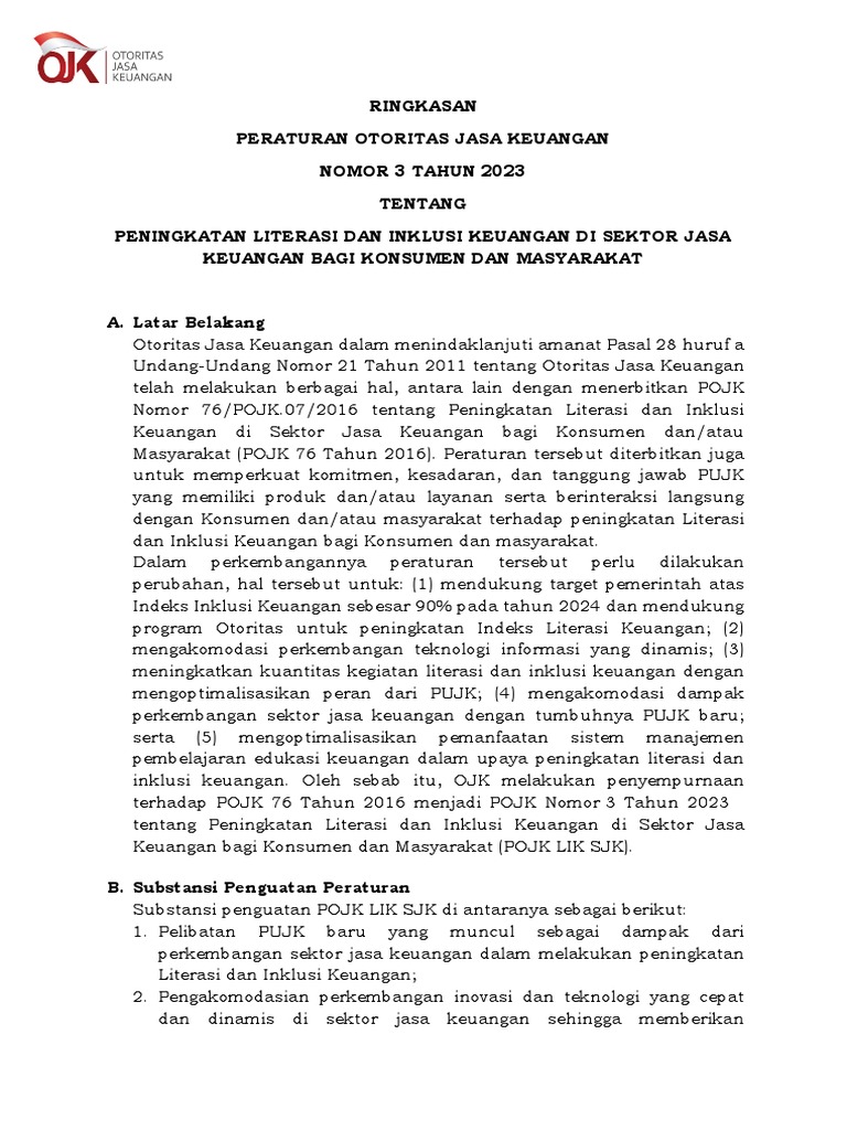 Ringkasan POJK Nomor 3 Tahun 2023. Peningkatan Literasi Dan Inklusi