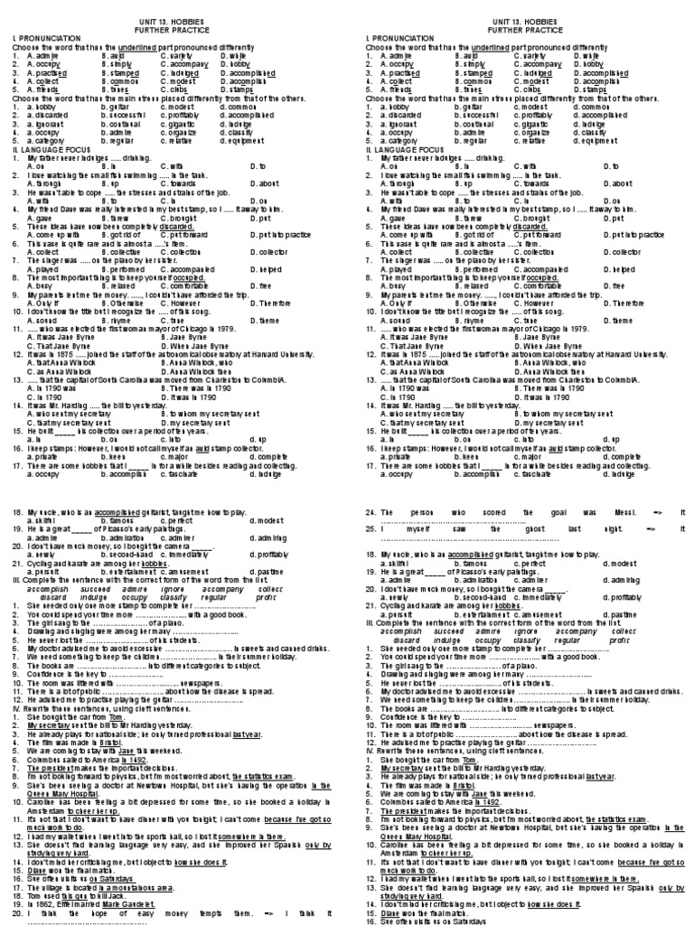 Further Practice on Hobbies | PDF | Foreign Language Studies