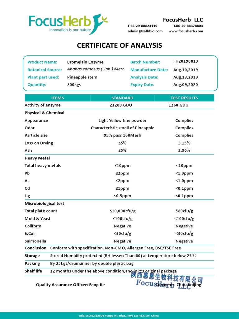 COA of Bromelain 1200 GDU PDF Pineapple Physical Sciences