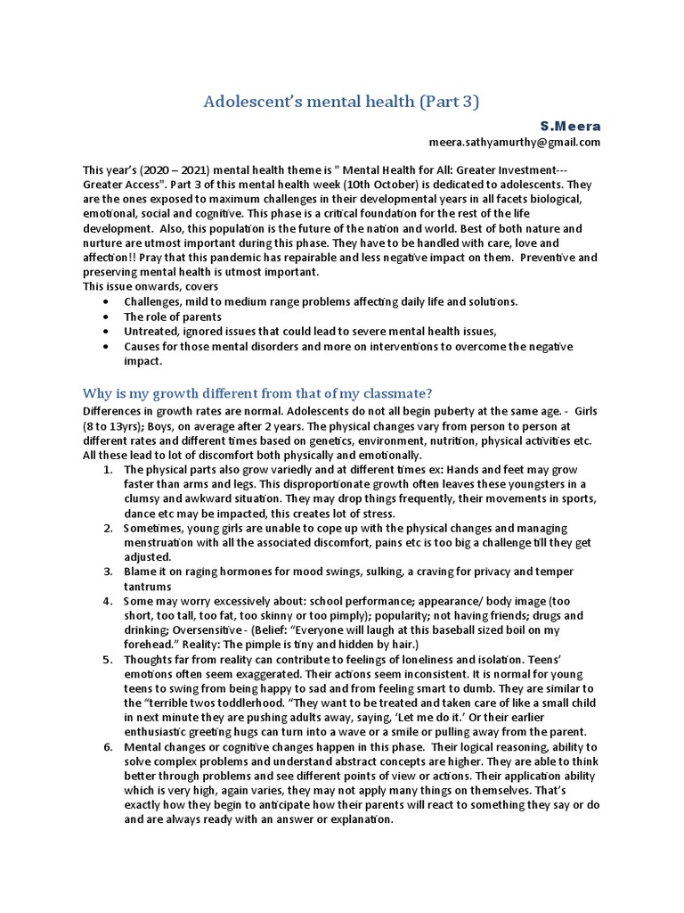 Adolescent's Mental Health - 3 | PDF | Adolescence | Mental Disorder