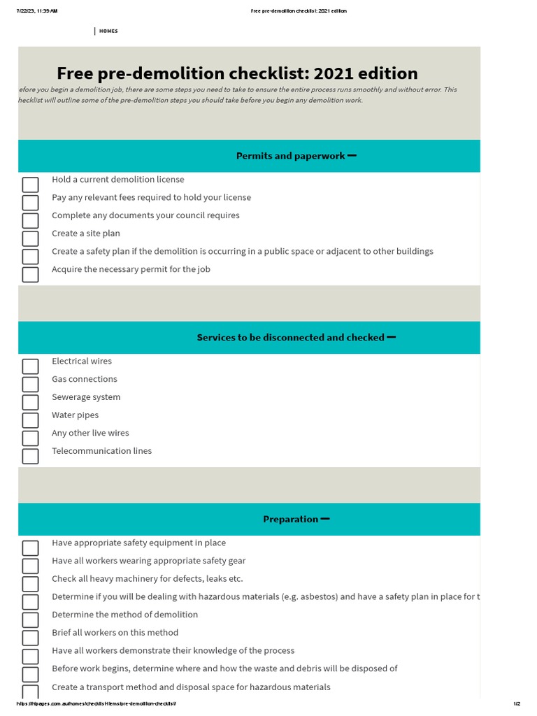 Pre-Demolition Checklist 2021 Edition | PDF | Demolition | Safety